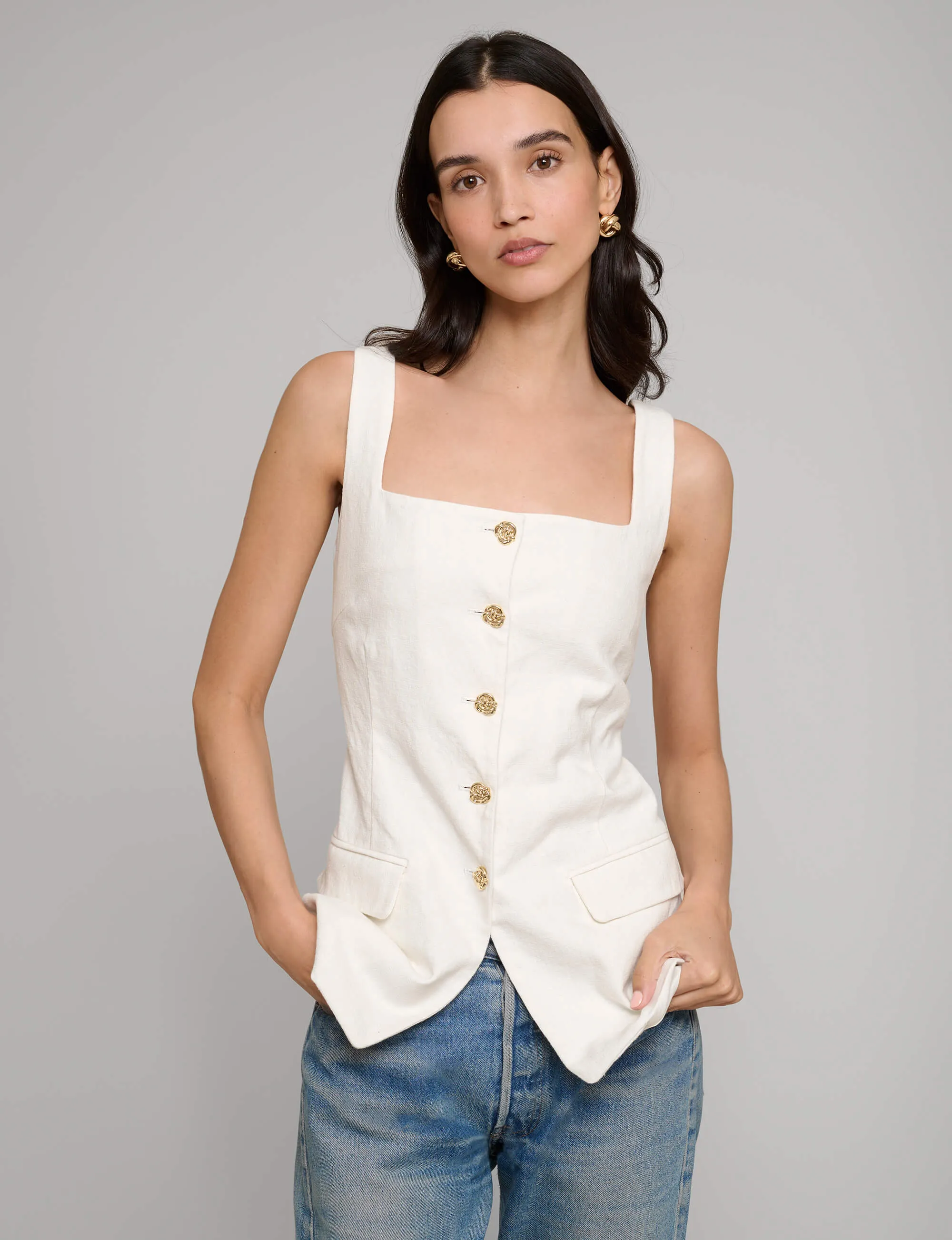 Agatha Gold-Button Linen Top