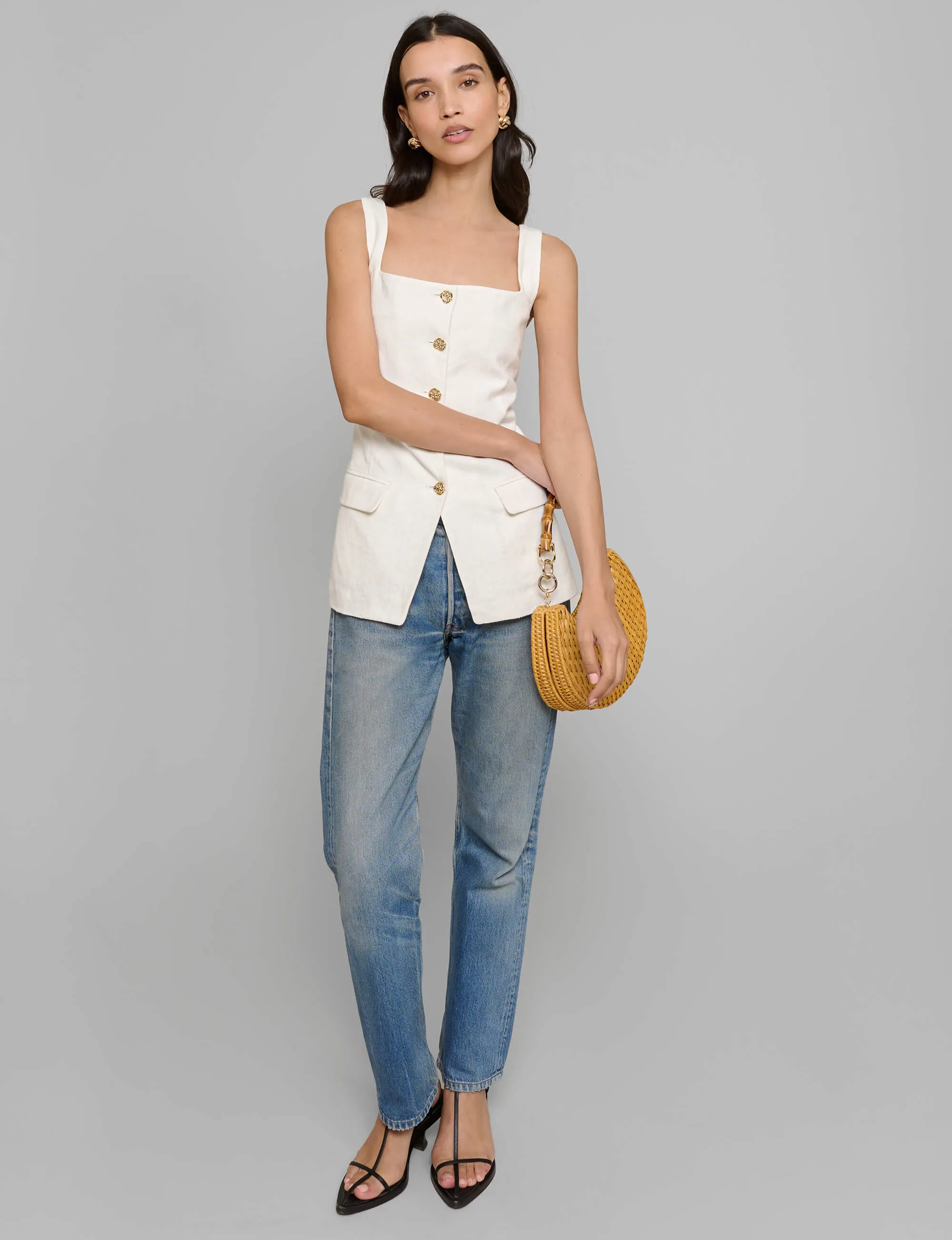 Agatha Gold-Button Linen Top