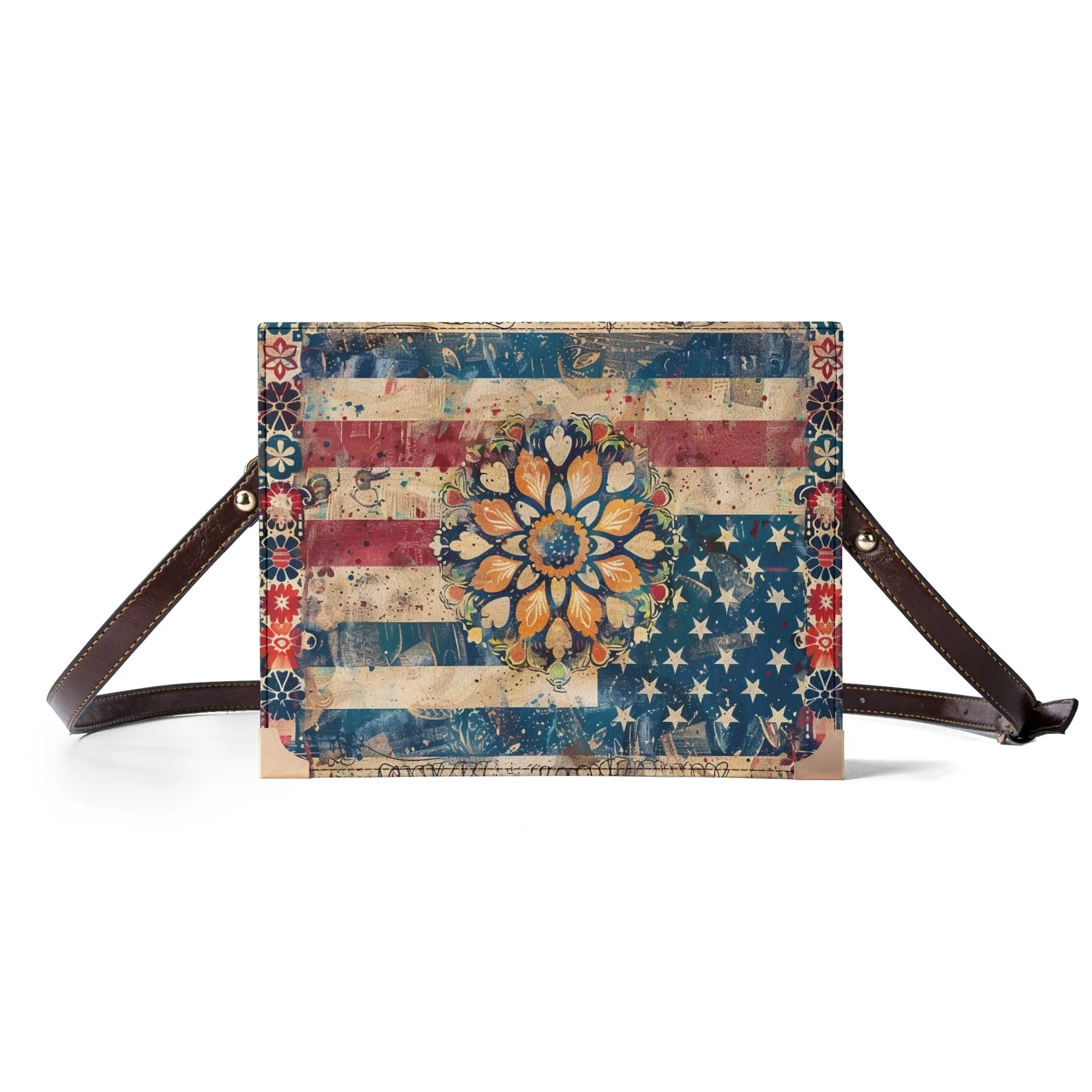 American Flag Mandala Bible Cover Purse – Patriotic Americana Charm with Flower in Red White Blue and Yellow - Crossbody