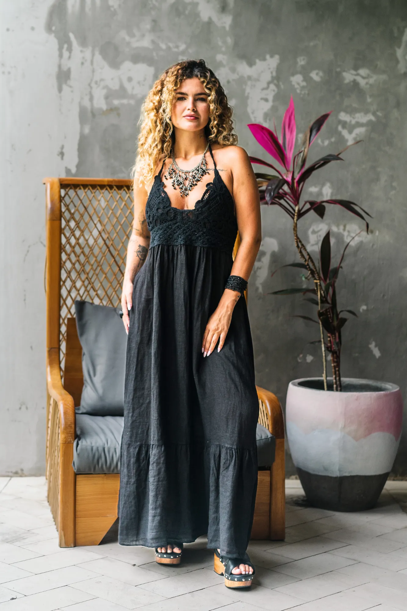 'Asha' Linen Dress - Black