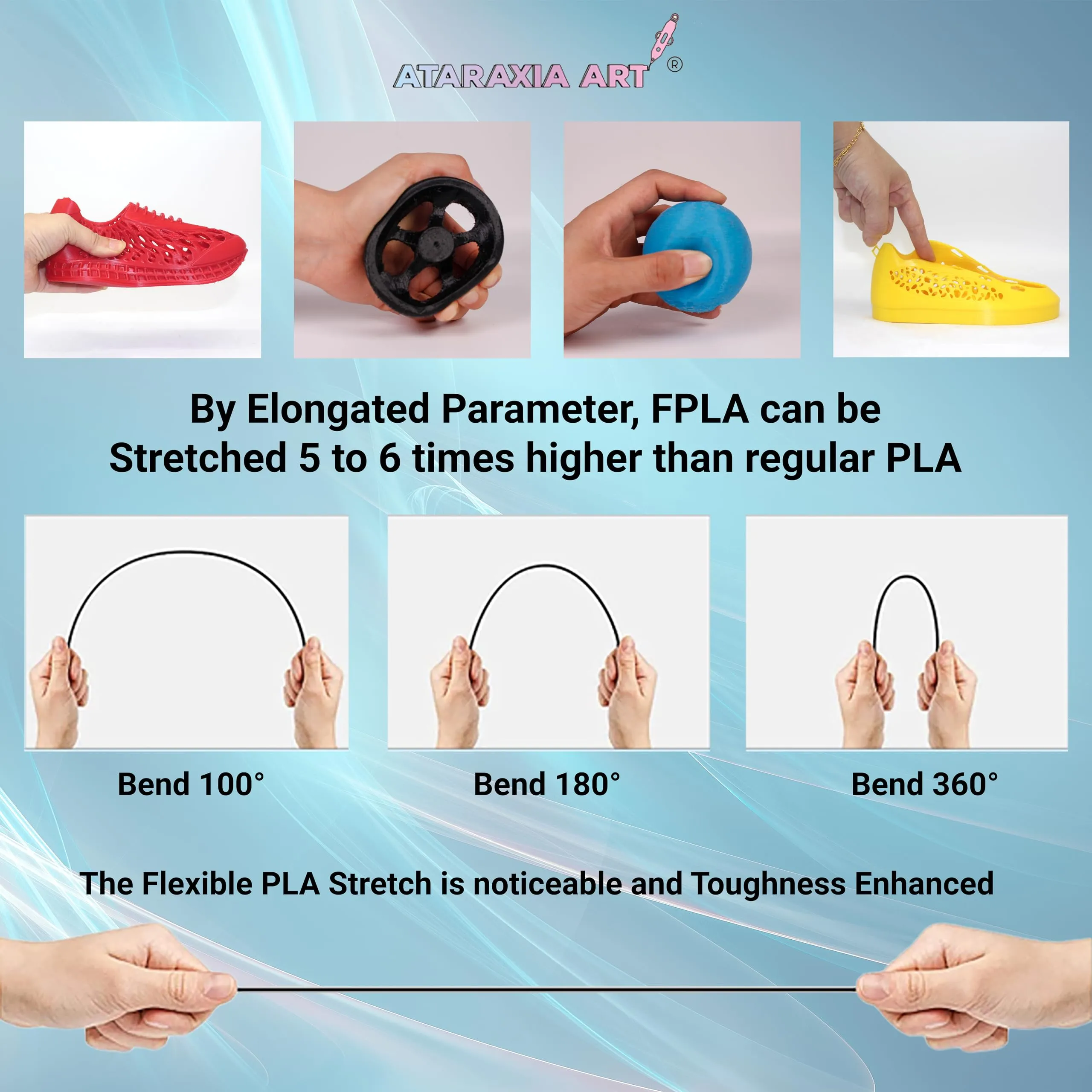 ATARAXIA ART Flexible PLA Filament 1.75mm, 3D Printer Filaments 1Kg/2.2lb Spool, Easy Than TPU Extruder,89A Shore Hardness,Patent Formula, Accuracy  /-.03mm, with Filament Storage Bags, FPLA Sky Blue