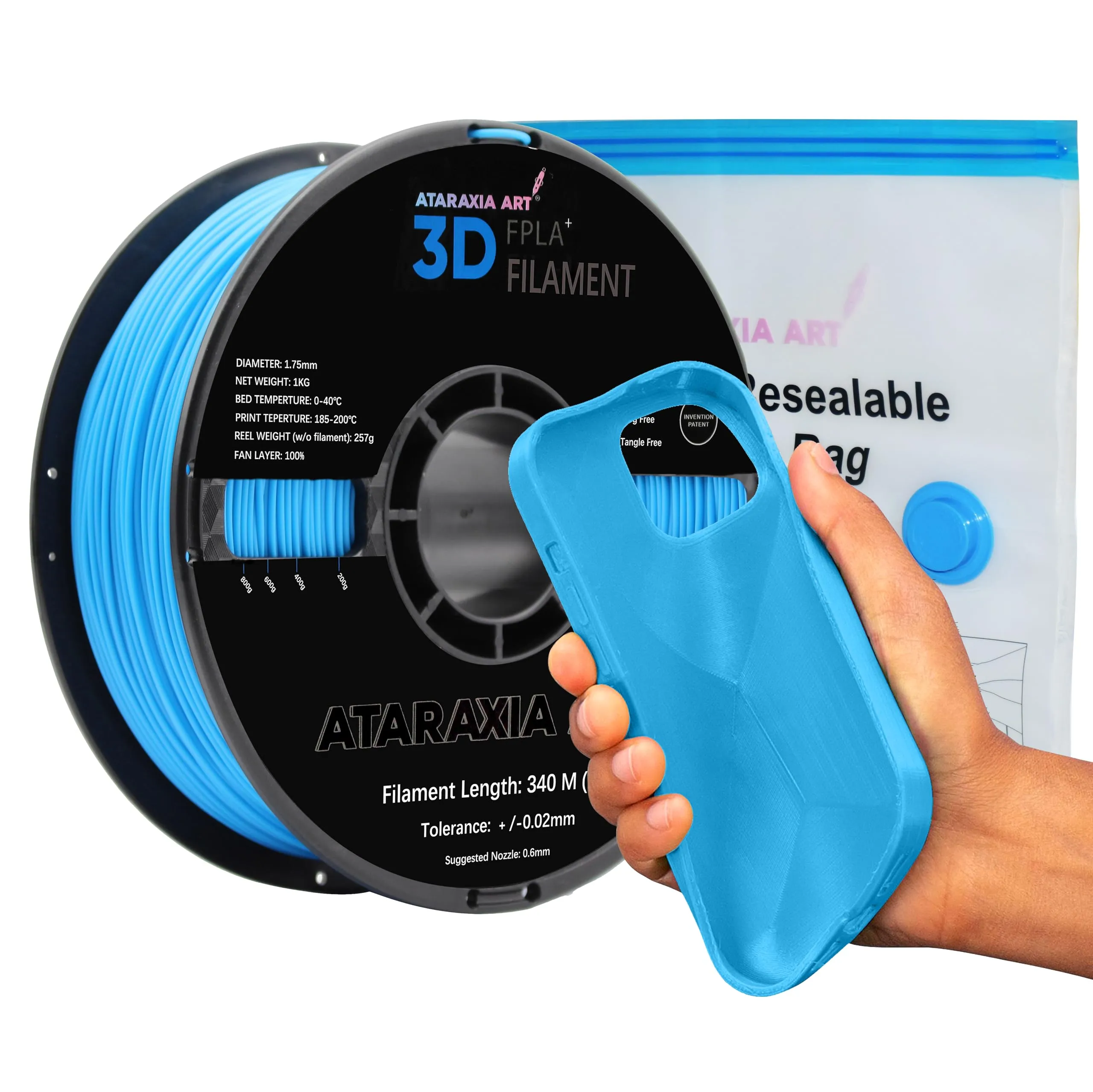 ATARAXIA ART Flexible PLA Filament 1.75mm, 3D Printer Filaments 1Kg/2.2lb Spool, Easy Than TPU Extruder,89A Shore Hardness,Patent Formula, Accuracy  /-.03mm, with Filament Storage Bags, FPLA Sky Blue