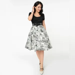 🦋B2G🦋UNIQUE VINTAGE White &amp; Black ToilePrint Waikiki Swing Skirt NWT | MEDIUM