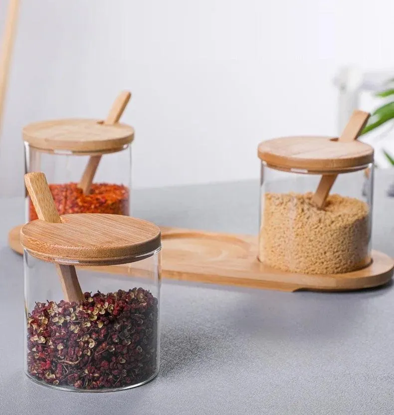 Bamboo and Glass Spice Jar Set with Spoons
