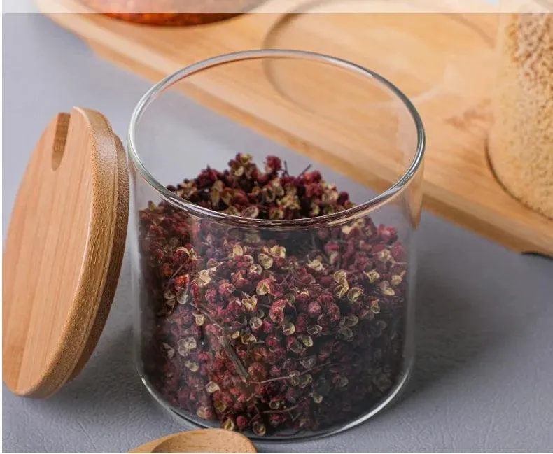 Bamboo and Glass Spice Jar Set with Spoons