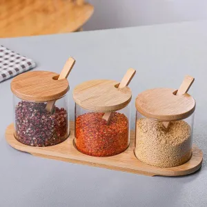 Bamboo and Glass Spice Jar Set with Spoons