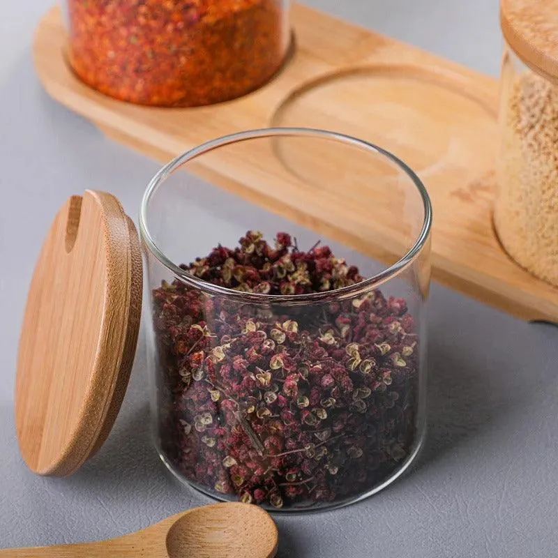 Bamboo and Glass Spice Jar Set with Spoons