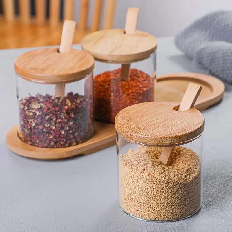 Bamboo and Glass Spice Jar Set with Spoons