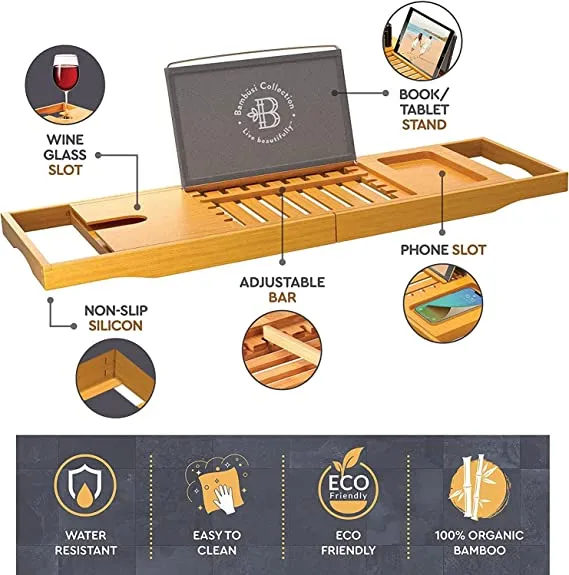 Bamboo Bathtub Tray Caddy - Expandable Wood Bath Tray with Book/Tablet Holder, Wine Glass Slot - Luxury Tub Table Bathtub Accessories - Unique Gift Idea for Loved Ones