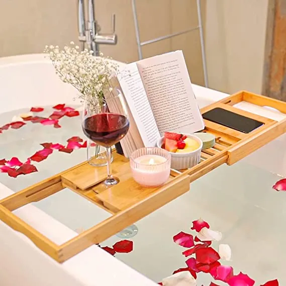 Bamboo Bathtub Tray Caddy - Expandable Wood Bath Tray with Book/Tablet Holder, Wine Glass Slot - Luxury Tub Table Bathtub Accessories - Unique Gift Idea for Loved Ones