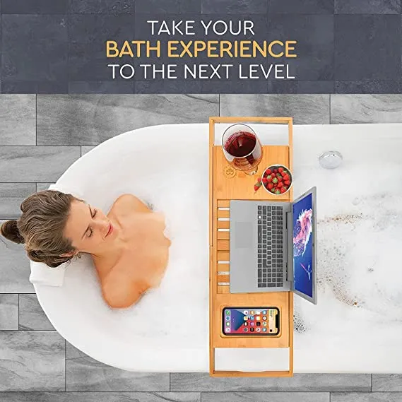 Bamboo Bathtub Tray Caddy - Expandable Wood Bath Tray with Book/Tablet Holder, Wine Glass Slot - Luxury Tub Table Bathtub Accessories - Unique Gift Idea for Loved Ones