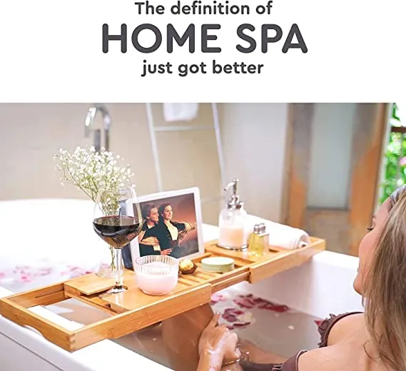 Bamboo Bathtub Tray Caddy - Expandable Wood Bath Tray with Book/Tablet Holder, Wine Glass Slot - Luxury Tub Table Bathtub Accessories - Unique Gift Idea for Loved Ones