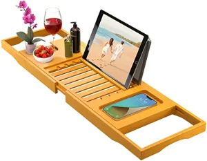 Bamboo Bathtub Tray Caddy - Expandable Wood Bath Tray with Book/Tablet Holder, Wine Glass Slot - Luxury Tub Table Bathtub Accessories - Unique Gift Idea for Loved Ones