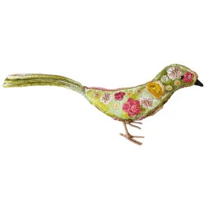 BEAUTY Hand Embroidered Silk Velvet Shaded Mint Standing Bird