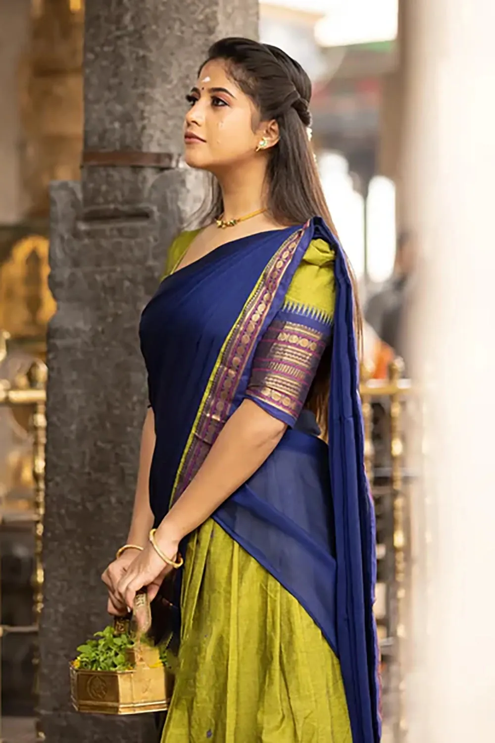 Blue & Mehndi Premium Cotton Silk Jacquard Half Lehenga Saree