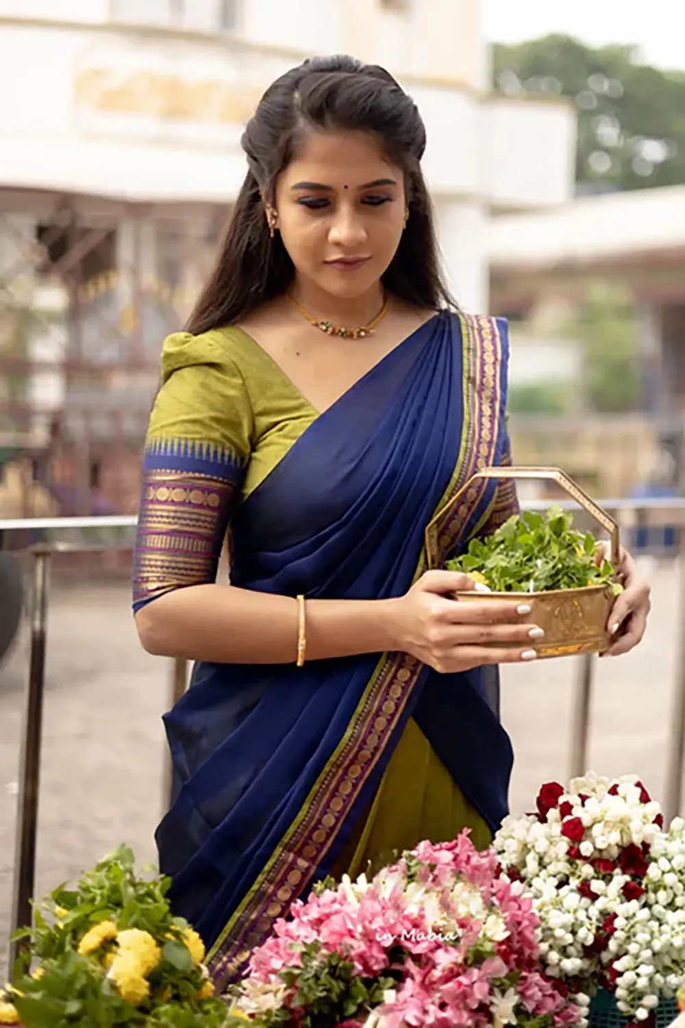 Blue & Mehndi Premium Cotton Silk Jacquard Half Lehenga Saree