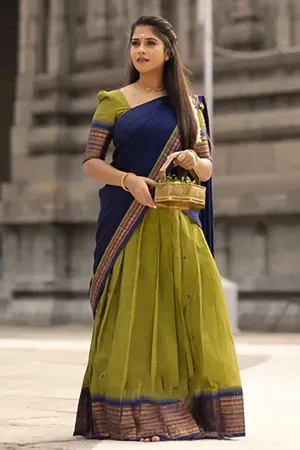 Blue & Mehndi Premium Cotton Silk Jacquard Half Lehenga Saree