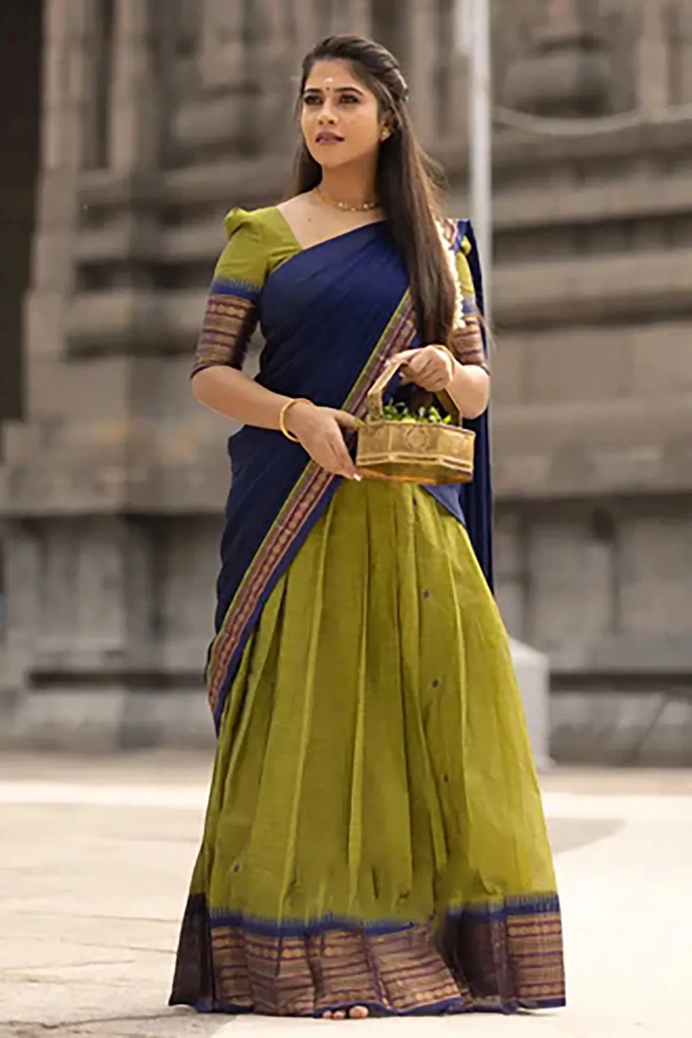 Blue & Mehndi Premium Cotton Silk Jacquard Half Lehenga Saree
