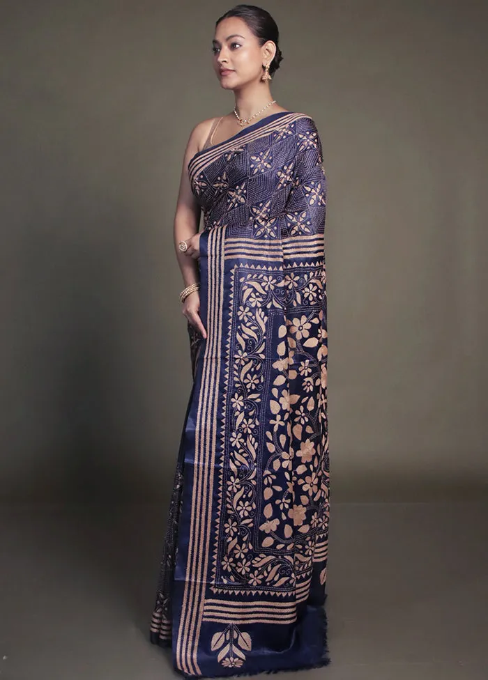 Blue Kantha Stitch Silk Saree With Blouse Piece