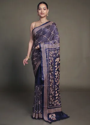 Blue Kantha Stitch Silk Saree With Blouse Piece