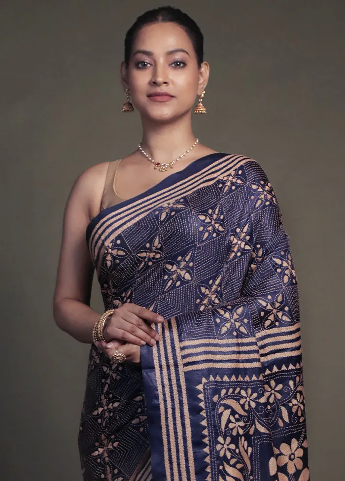 Blue Kantha Stitch Silk Saree With Blouse Piece