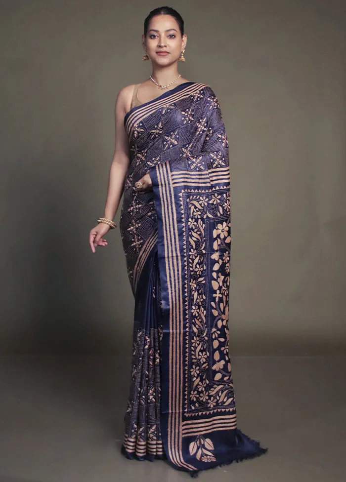 Blue Kantha Stitch Silk Saree With Blouse Piece