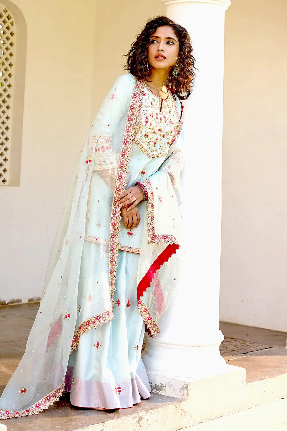 Blue Pink Silk Zardosi Resham Naksshi Embroidered Sharara Set