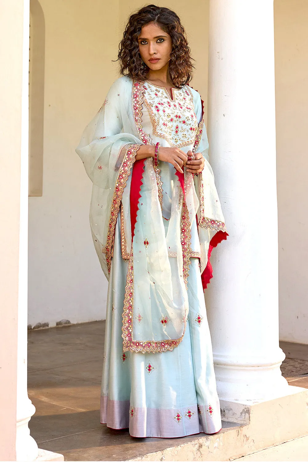 Blue Pink Silk Zardosi Resham Naksshi Embroidered Sharara Set
