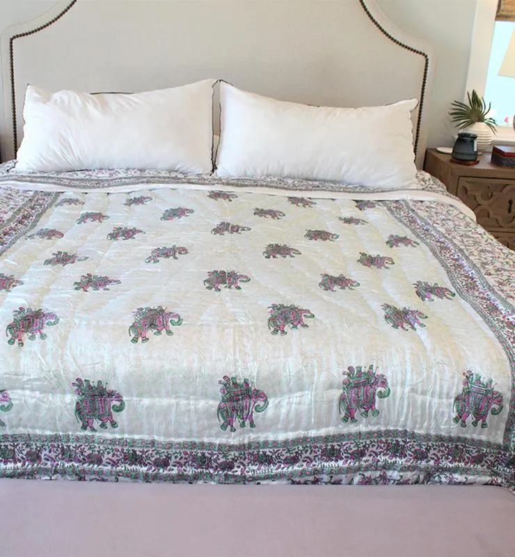 Boho Elephant Motif Silk Quilt