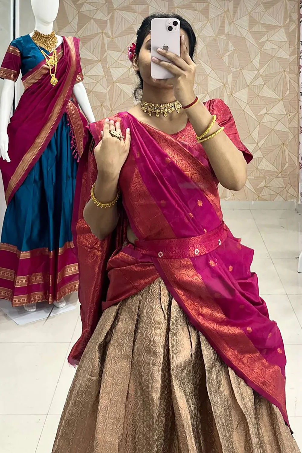 Brown & Maroon Designer Cotton Silk Jacquard Half Lehenga Saree