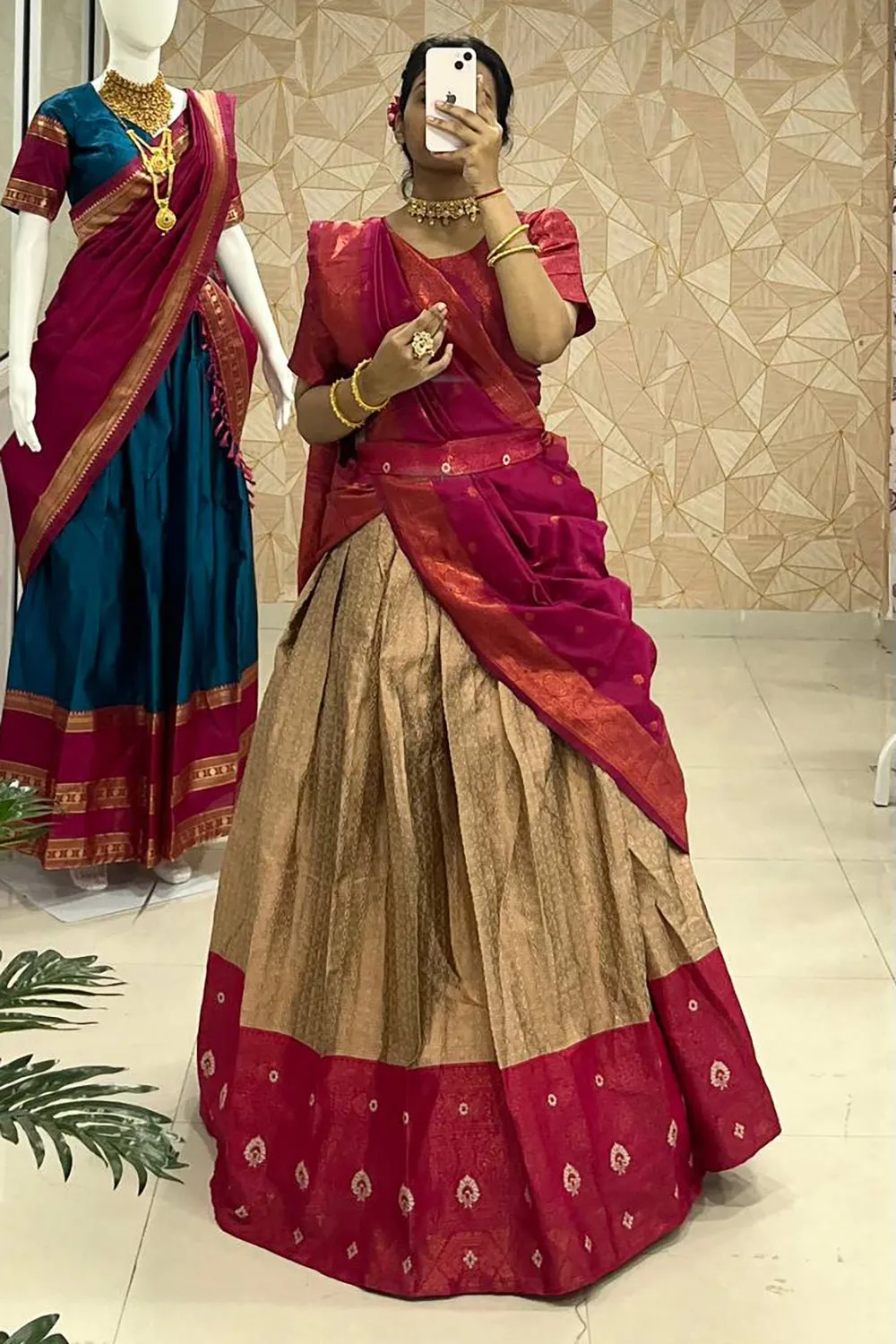 Brown & Maroon Designer Cotton Silk Jacquard Half Lehenga Saree