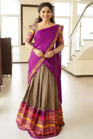 Brown & Pink Premium Cotton Silk Jacquard Half Lehenga Saree