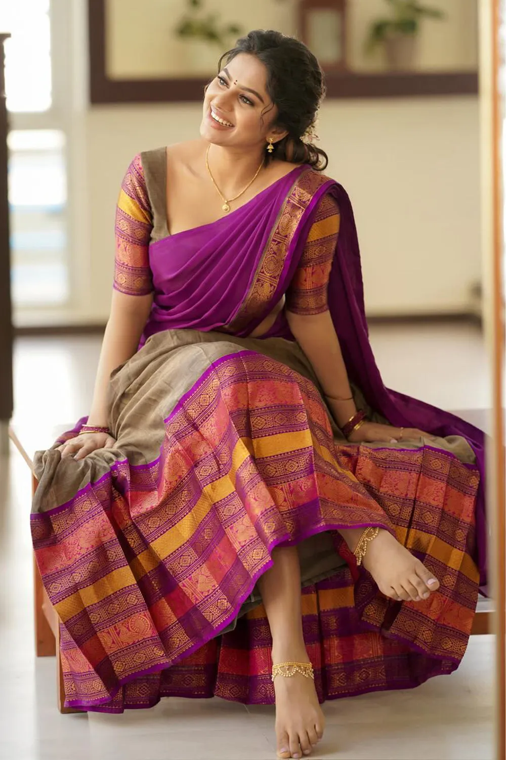 Brown & Pink Premium Cotton Silk Jacquard Half Lehenga Saree