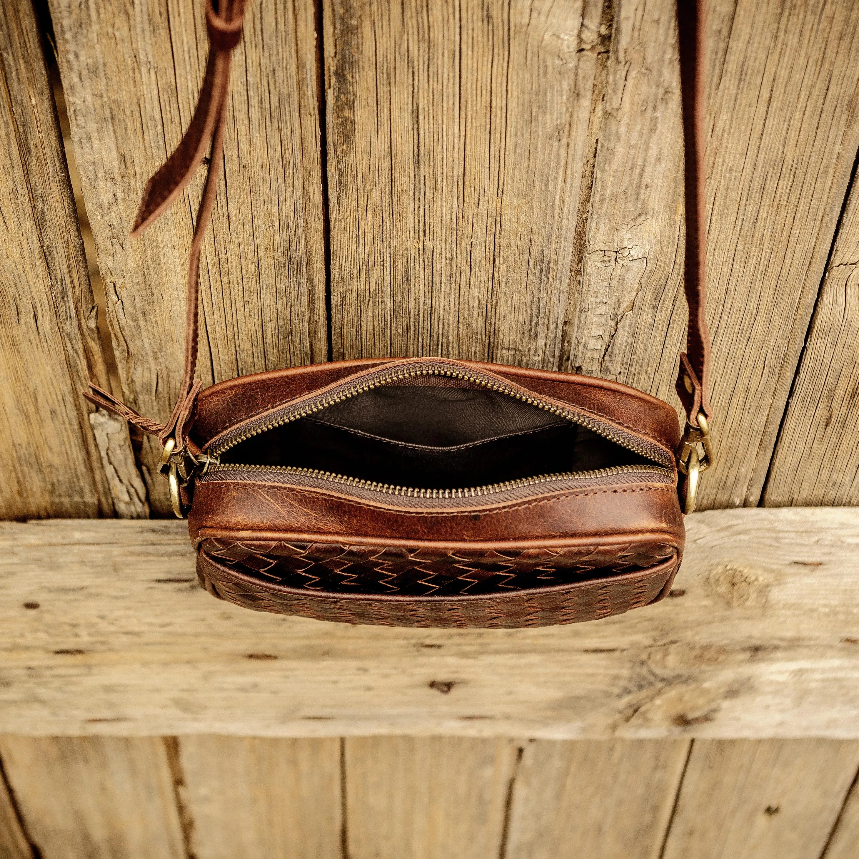 Buffalo Hide Leather Weave Large Pouch with Strap