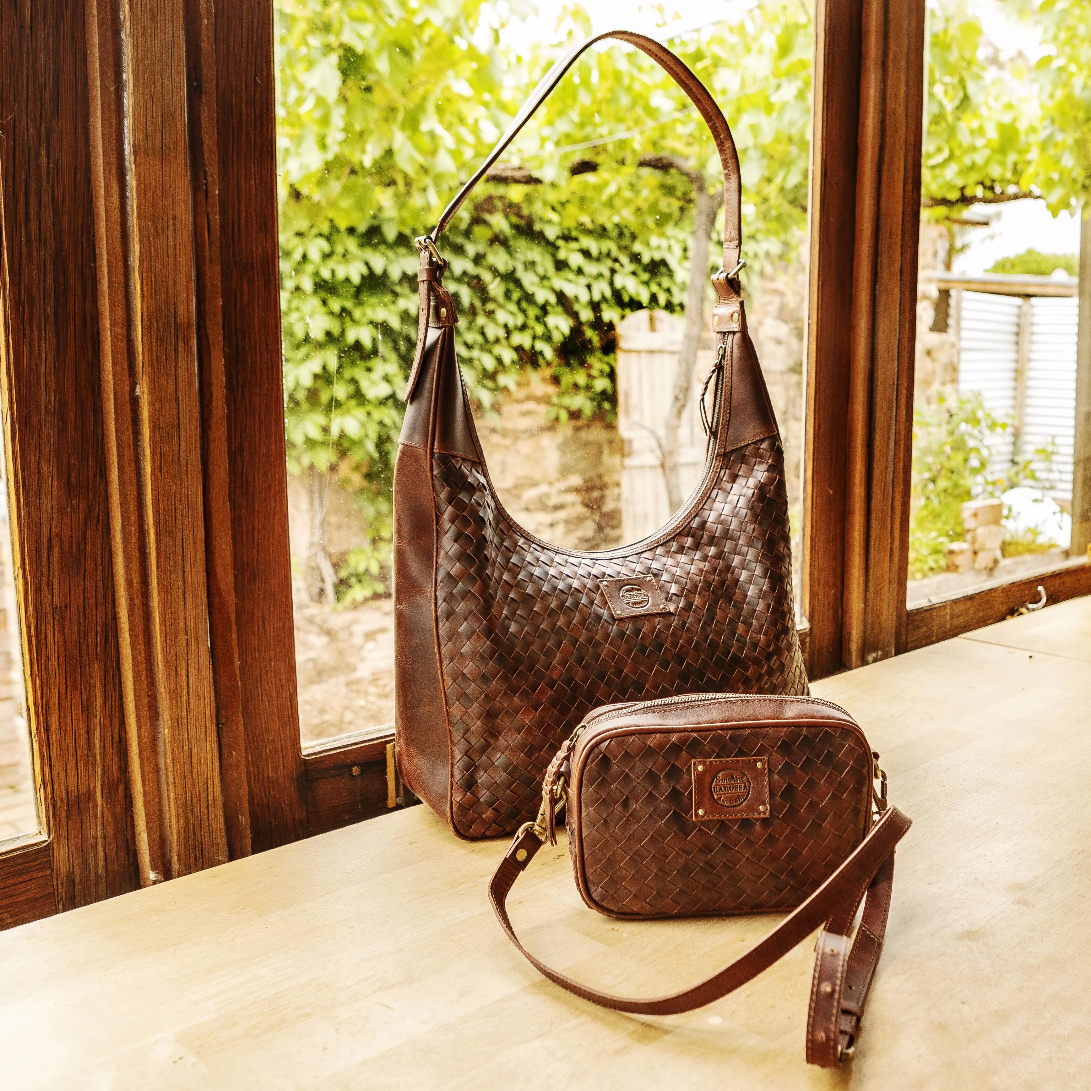 Buffalo Hide Leather Weave Large Pouch with Strap