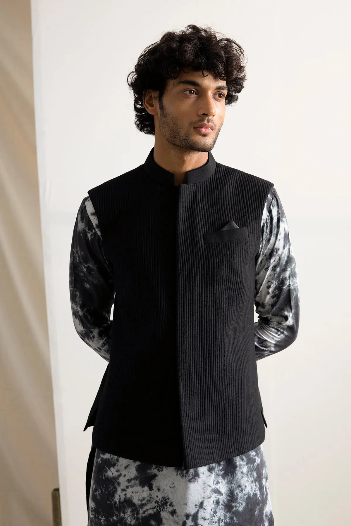 Callum - Black Quilted Nehru Jacket with Tie & Dye Kurta Set