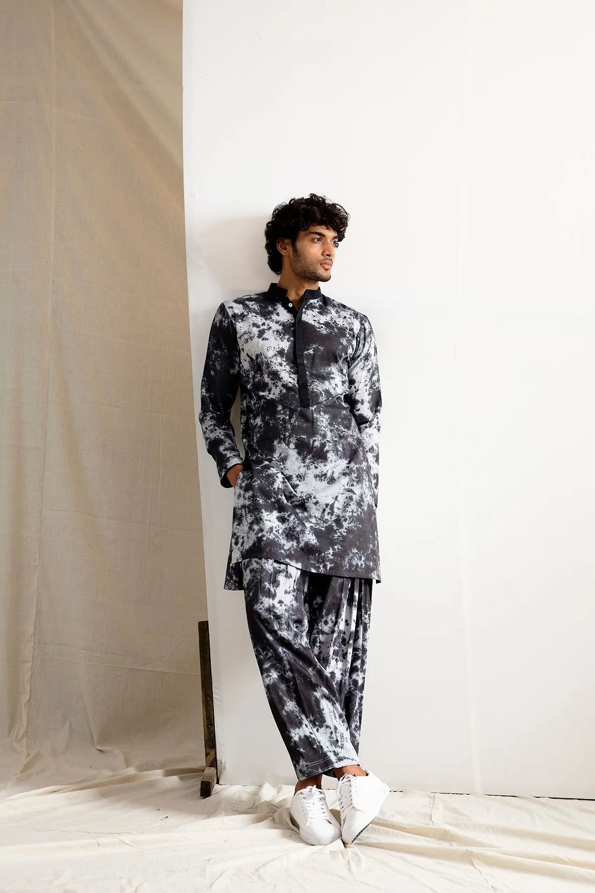 Callum - Black Quilted Nehru Jacket with Tie & Dye Kurta Set