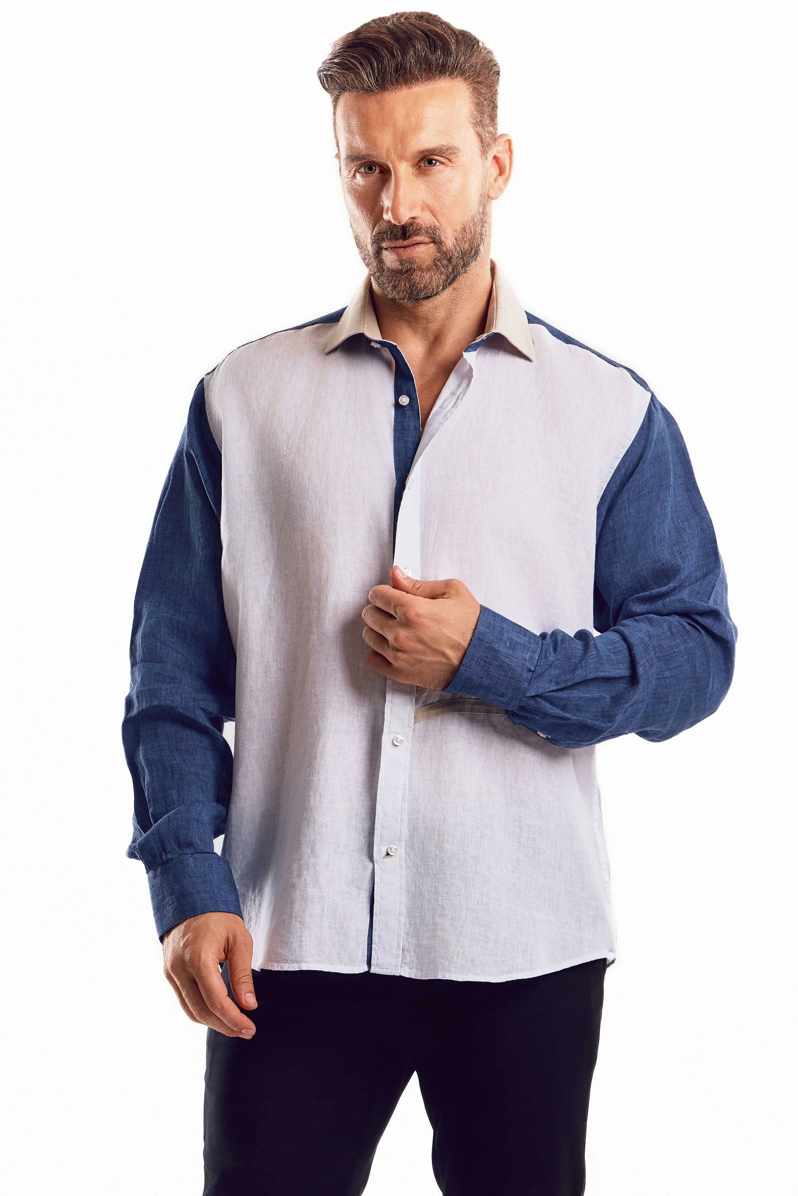 Casual Multi Color Block Design 100% Linen Shirt Long Sleeve