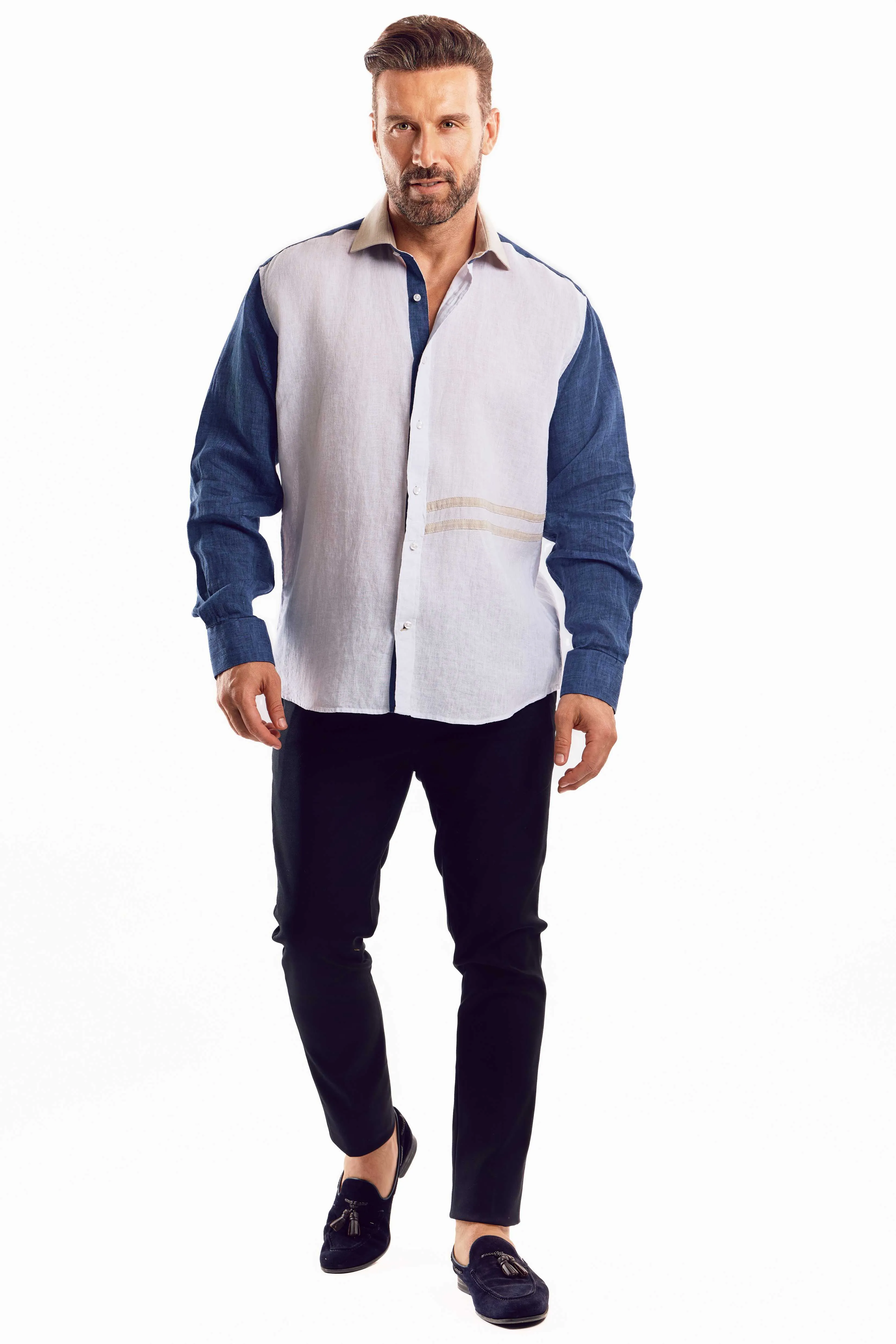 Casual Multi Color Block Design 100% Linen Shirt Long Sleeve