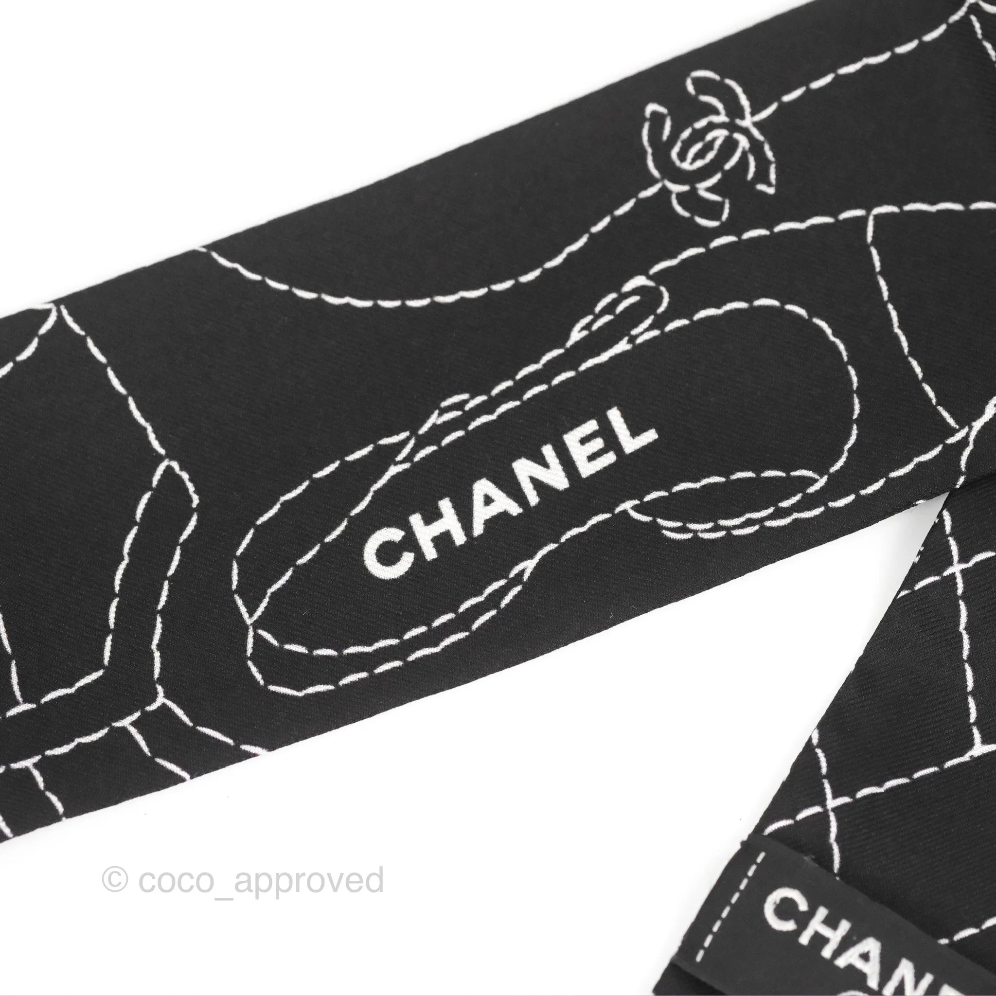 Chanel Accessories Quilted CC Pattern Silk Twilly Black