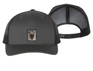 CONQUER - CHARCOAL AND BLUE BLACK - MESH 5 PANEL SNAP BACK HAT WITH TWILL EMBLEM
