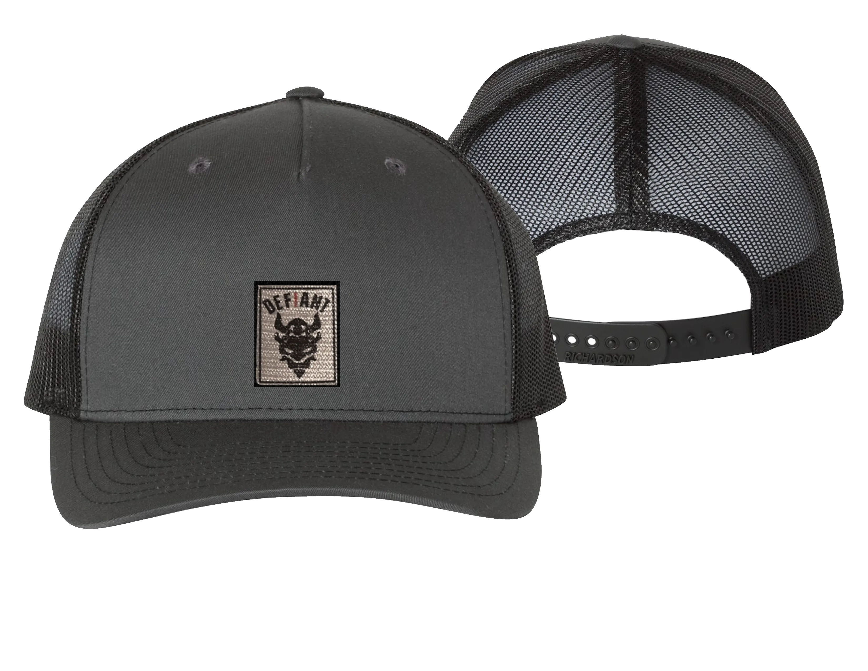 CONQUER - CHARCOAL AND BLUE BLACK - MESH 5 PANEL SNAP BACK HAT WITH TWILL EMBLEM