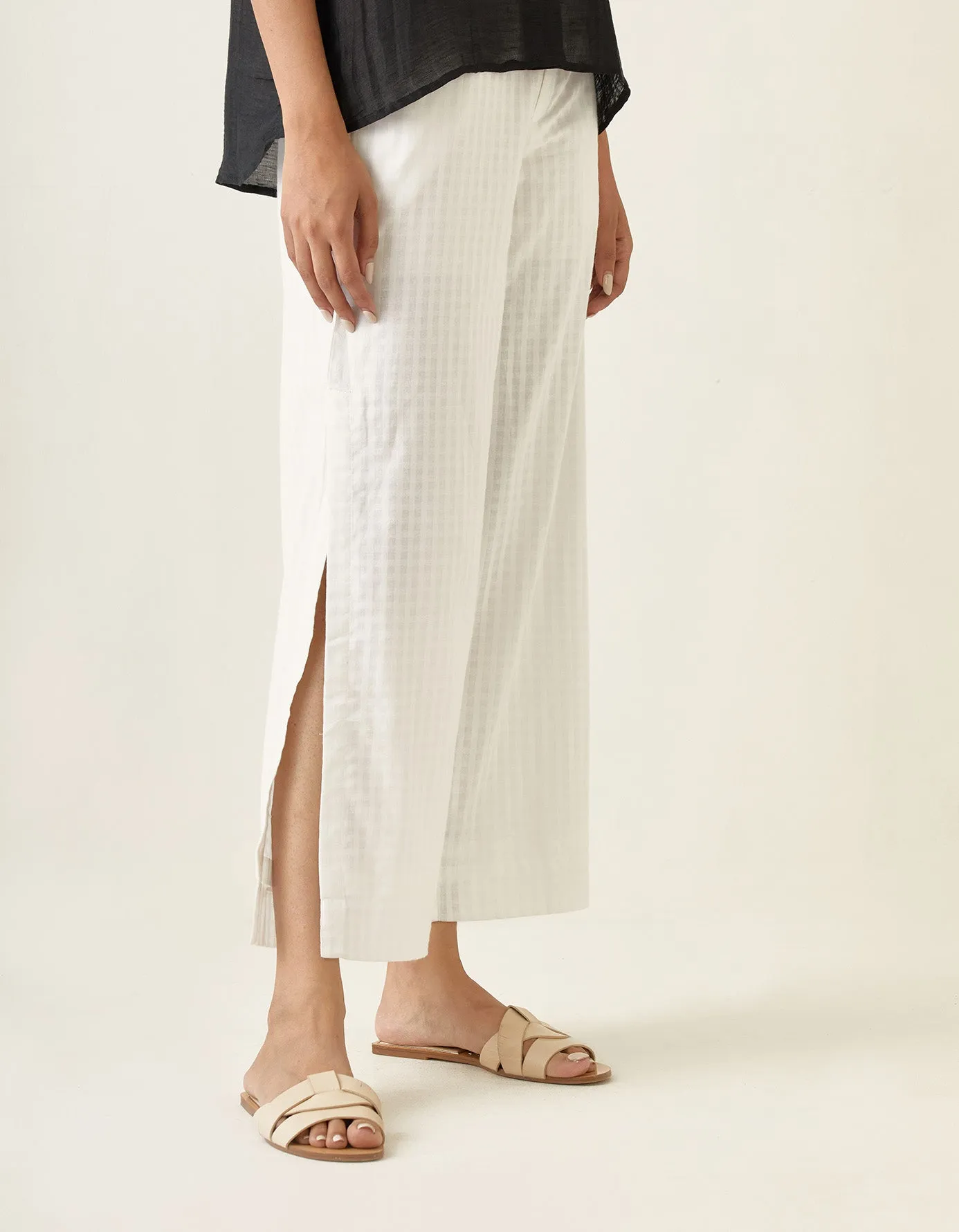 Coordinate Set- Black Linen Silk Shirt with High Slit Pants in White (Set of 2)