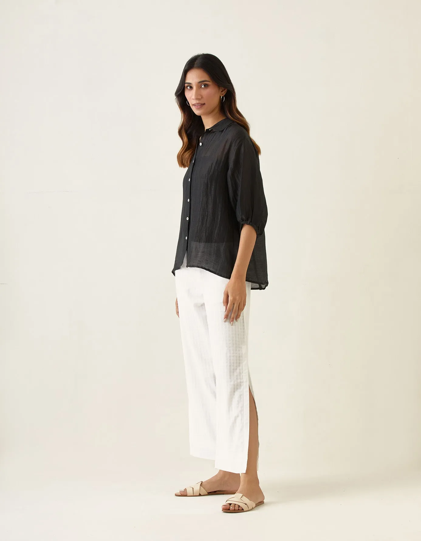 Coordinate Set- Black Linen Silk Shirt with High Slit Pants in White (Set of 2)