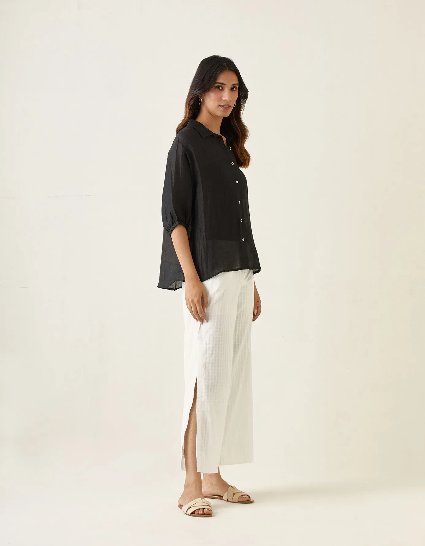 Coordinate Set- Black Linen Silk Shirt with High Slit Pants in White (Set of 2)