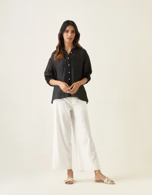 Coordinate Set- Black Linen Silk Shirt with High Slit Pants in White (Set of 2)