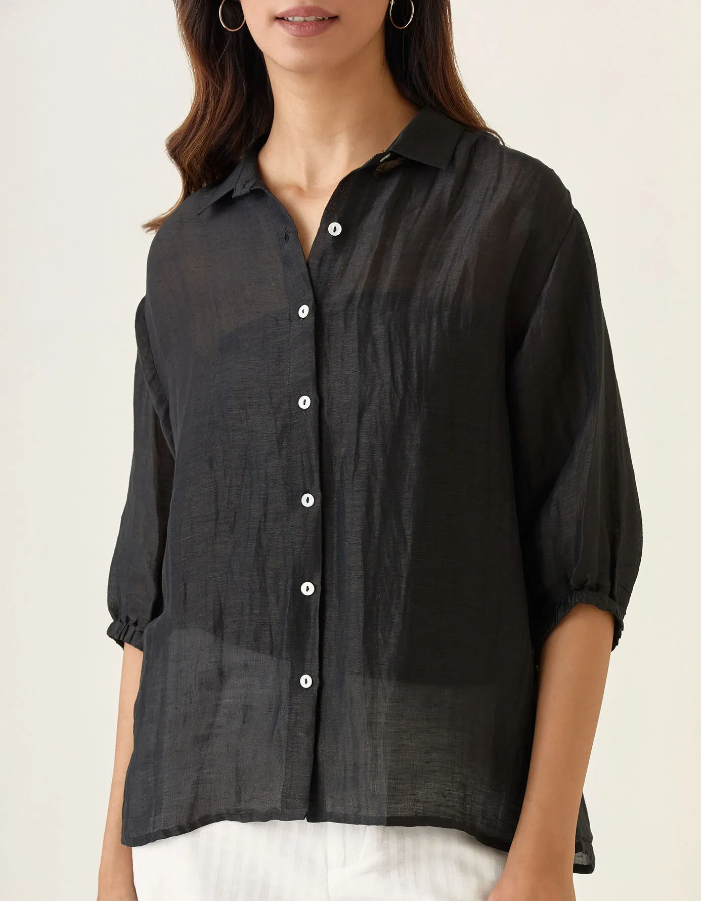 Coordinate Set- Black Linen Silk Shirt with High Slit Pants in White (Set of 2)