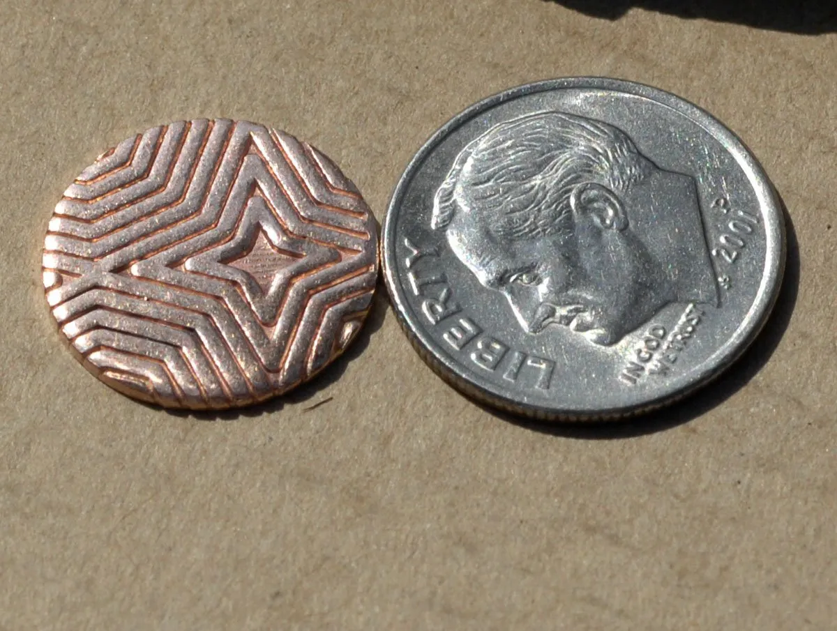 Copper, Brass or Bronze Blank Disc 15mm with Pattern 20g Enameling Blanks Handmade - Variety of Metals - 4 pieces