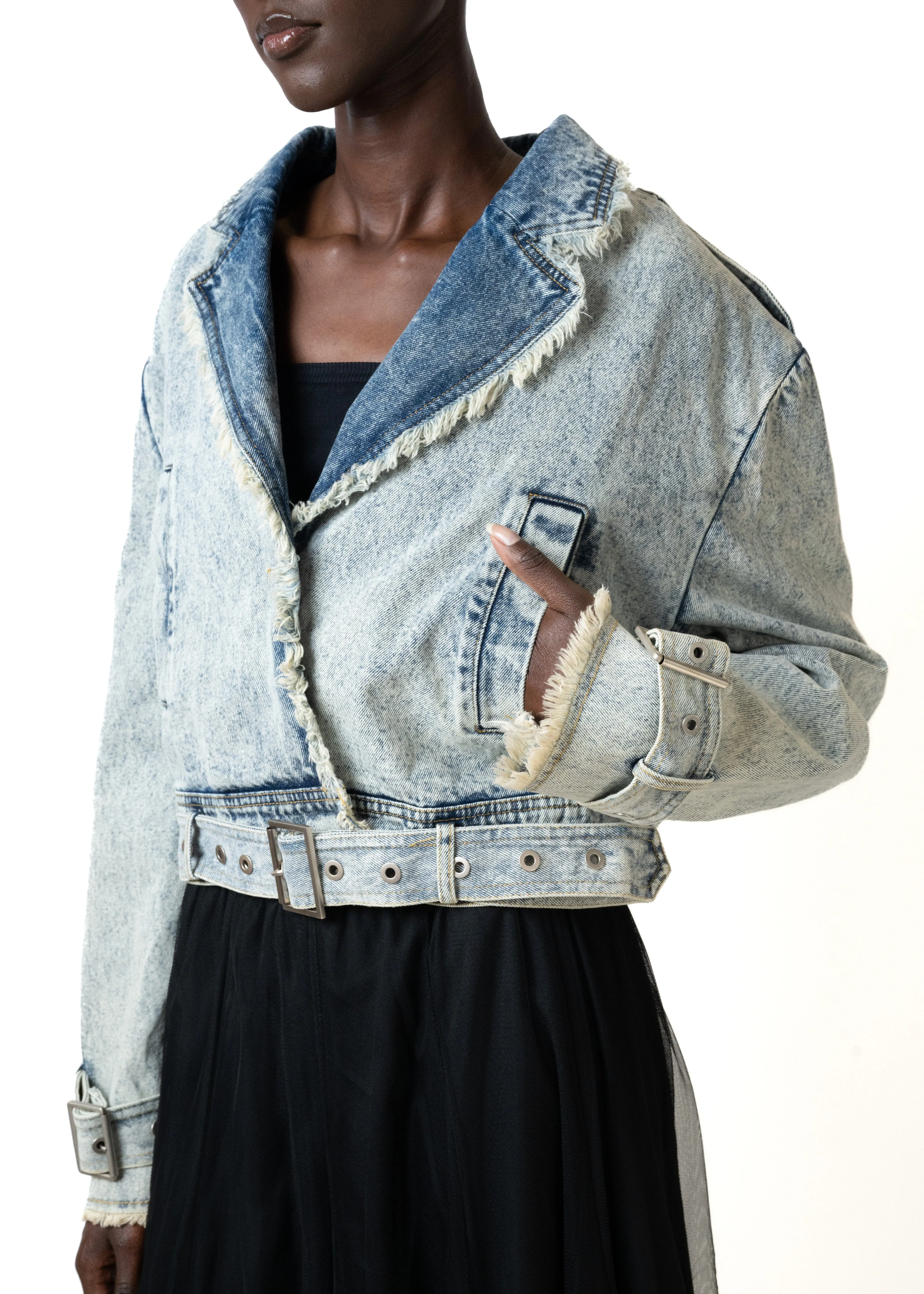 Cropped Denim Biker Jacket
