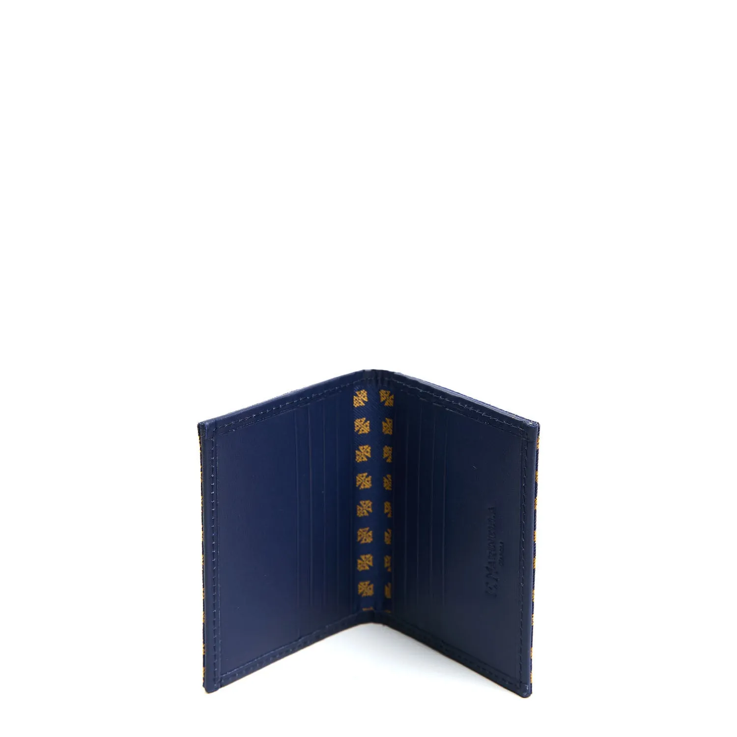 DARK BLUE SILK AND LEATHER FOLDING CARD HOLDER